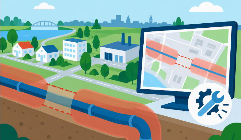 Ilustratie van weergave brandaandachtsgebieden met scherm en buisleiding
