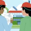 Illustratie van mensen die naar een school kijken